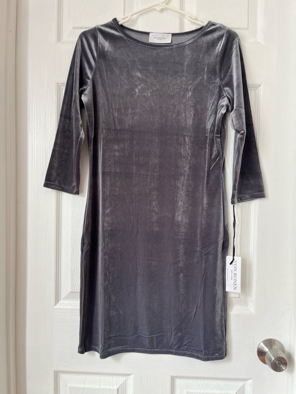 Von Ronen Gray Stretch Velvet Elbow Sleeve Fitted Mini Dress Medium